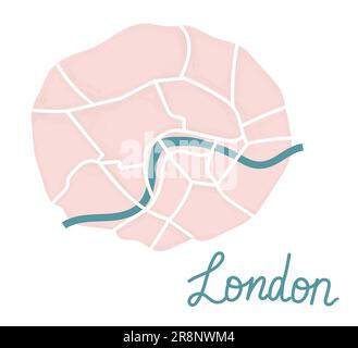 Cartoon mappa piatta del centro di Londra. Il Tamigi è verde scuro, la terra è rosa. Divertente carino europeo British mappa della città. Illustrazione vettoriale Illustrazione Vettoriale