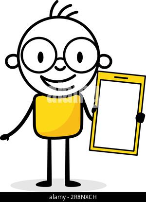 Un uomo d'affari tiene in mano un telefono cellulare. Uomo doodle disegnato a mano isolato su sfondo bianco. Illustrazione del vettore Illustrazione Vettoriale