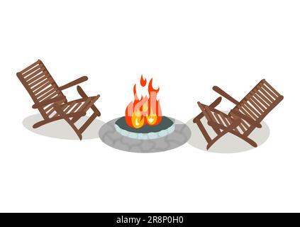 Firepit con sedie di legno intorno ad esso. Falò sulla strada. Illustrazione vettoriale colorata isolata su sfondo bianco Illustrazione Vettoriale