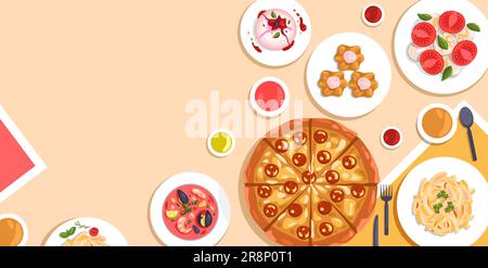 Banner cucina italiana. Prodotti alimentari naturali mediterranei, olio d'oliva, pizza, design di prodotti alimentari italiani per il ristorante di cucina tradizionale. Vettore ba Illustrazione Vettoriale