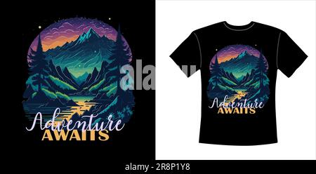 Design grafico della maglietta con Tramonto sulle montagne Illustrazione Vettoriale