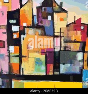 Vector Modern Abstract Illustration Painting Town Village Hill, colori multipli espressivi Illustrazione Vettoriale