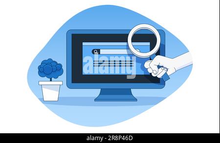 La mano tiene una lente d'ingrandimento davanti al monitor di un computer. Il concetto di ricerca di informazioni su Internet. Illustrazione vettoriale Illustrazione Vettoriale