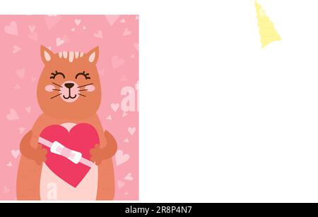 Carta giorno di San Valentino con simpatico gatto divertente tiene una scatola a forma di cuore con arco. Illustrazione vettoriale disegnata a mano. Design piatto in stile scandinavo. Concetto per h Illustrazione Vettoriale