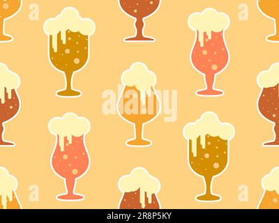 Modello senza cuciture con birra schiumosa in un bicchiere a stelo. Rinfrescante birra alcolica in un bicchiere con un colpo bianco in uno stile piatto. Progettazione per la stampa Illustrazione Vettoriale