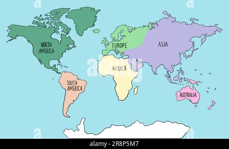 Mappa del mondo di Doodle disegnata a mano colorata con i continenti. Nord e Sud America, Europa, Asia, Australia, Africa. Illustrazione vettoriale in bianco e nero Illustrazione Vettoriale