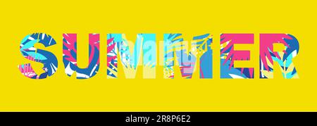 L'iscrizione estate su sfondo giallo. Scritte con foglie tropicali. Sfondo per gli sconti estivi. Vettore Illustrazione Vettoriale