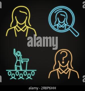 Candidati politici femminili neon set di icone. Donna altoparlante pubblico, donna d'affari. Illustrazione vettoriale. Illustrazione Vettoriale