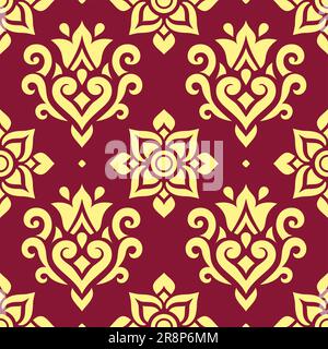 Motivo vettoriale Thai senza cuciture con fiori, cuori e vortici, ornamento tradizionale dalla Thailandia in giallo su sfondo marrone Illustrazione Vettoriale