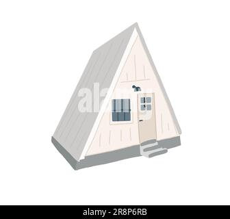 Edificio piano a forma di doodle disegnato a mano. Triangolo rustico casa in legno. Grazioso villaggio cottage con elementi carini. Illustrazione vettoriale isolata in bianco Illustrazione Vettoriale
