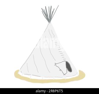 Piatto di doodle disegnato a mano autentica tepee wigwam, teepee indiano nordamericano. Grazioso villaggio cottage con elementi carini. Illustrazione vettoriale isolata nella Illustrazione Vettoriale