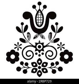 Grazioso design vettoriale di arte popolare polacca con fiori e foglie - biglietto d'auguri o ornamento per l'invito di nozze in bianco e nero Illustrazione Vettoriale