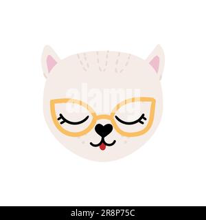 Carino disegnato a mano gatto. Il volto di un animale bianco con elementi belli, occhiali da sole dorati, occhi e piccola lingua rossa. Illustrazione Vectir isolata su bianco Illustrazione Vettoriale