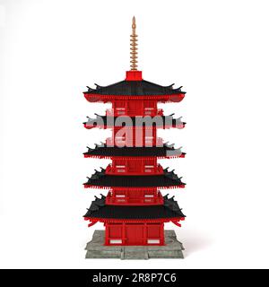 Antica pagoda giapponese a bassa poli isolata su sfondo bianco, rendering 3d. Foto Stock