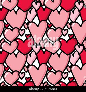 Modello perfetto per San Valentino in stile doodle disegnato a mano. motivo romantico con grandi cuori rosa e rosso con tratto nero. Illustrazione vettoriale Illustrazione Vettoriale