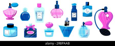 Bottiglie di profumo cartone animato. Tubi colorati con fragranze di lusso e prodotti cosmetici per donna, di lusso colonia. Set vettoriale di profumo bottiglia illustrati Illustrazione Vettoriale