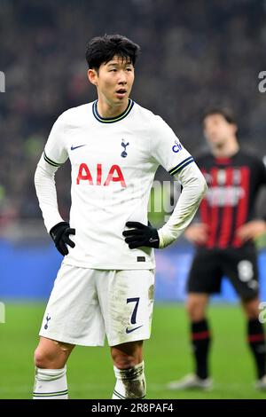 Son Heun-min giocatore di calcio del Tottenham Hotspur e Sandro tonali durante la partita di UEFA Champions League AC Milan vs Tottenham Hotspur, a Milano Foto Stock