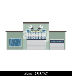 Semplice servizio di auto verde e riparazione edificio o garage con grande finestra e la porta. Illustrazione vettoriale isolata in bianco. Sportello automatico aperto. Illustrazione Vettoriale