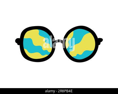 Occhiali da sole Groovy Y2K con onde astratte blu gialle. elemento hippy. Divertente illustrazione vettoriale del cartone animato isolato su sfondo bianco Illustrazione Vettoriale