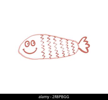 Carino pesce disegnato a mano con ictus rosso. Mondo subacqueo. Divertente stile di doodle infantile. Illustrazione vettoriale isolata su bianco. Illustrazione Vettoriale