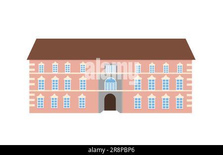 Antico palazzo medievale tedesco. Facciate rosa, tetto marrone, finestre bianche. Edificio in stile vittoriano coloniale europeo. Illustrazione vettoriale. Illustrazione Vettoriale