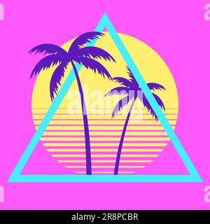 Sunset Beach california retro icona. 90s Palm retro california cerchio gradiente silhouette vintage 80s disco stampa hawai vacanza. Illustrazione Vettoriale