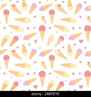 Motivo senza cuciture disegnato a mano con gelato dolce e carino. Coni marroni o beige e parte superiore argillata di frutta. Gustoso e delizioso dessert. Illustrazione vettoriale Illustrazione Vettoriale