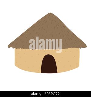 Casa africana con tetto di paglia grigio isolato su sfondo bianco. Pareti in argilla giallo brillante. Cartoni animati disegnati a mano con piccolo ingresso e grande ro Illustrazione Vettoriale