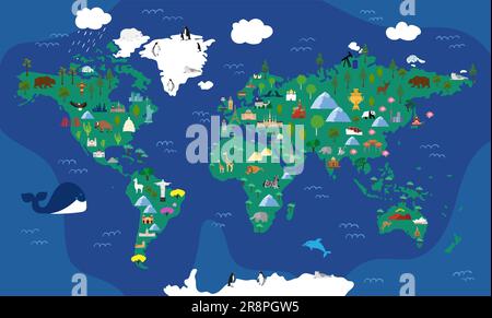 Luminosa mappa illustrata del mondo con animali da cartoni animati e punti di riferimento per i bambini. continenti, animali, piante per bambini in età prescolare, scolari, casa Illustrazione Vettoriale