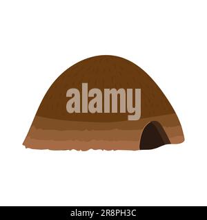 Casa africana con un tetto di paglia isolato su sfondo bianco. Cartoni animati disegnati a mano con piccolo ingresso e grande tetto Illustrazione Vettoriale