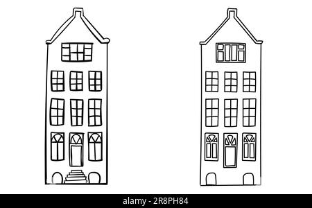 Doodle profilo Amsterdam vecchia casa in stile olandese. Facciata storica. Architettura tradizionale dei Paesi Bassi. Immagine vettoriale stile cartoon piatto Illustrazione Vettoriale