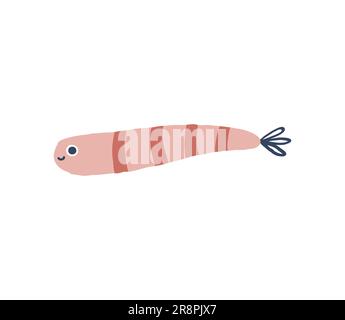 Carino pesce disegnato a mano con strisce rosse mondo subacqueo. Divertente stile di doodle infantile. Illustrazione vettoriale isolata su bianco. Illustrazione Vettoriale