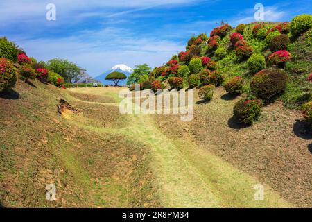 Rovine del castello di Yamanaka e il monte Foto Stock