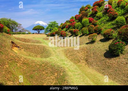 Rovine del castello di Yamanaka e il monte Foto Stock