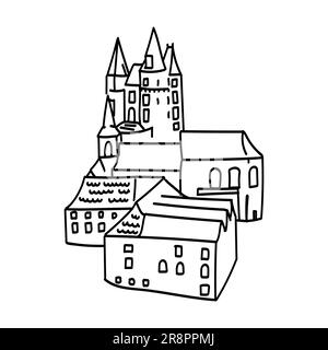 Icona disegnata a mano del disegno del doodle dell'edificio europeo. Punti di riferimento delle città europee. semplici disegni di facciate Illustrazione Vettoriale