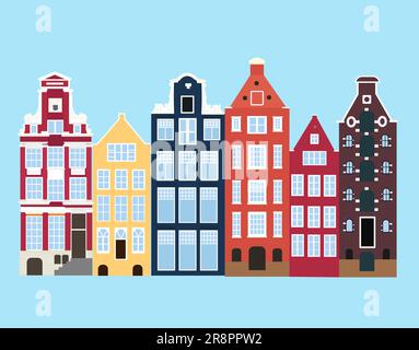Set di vecchie case di Amsterdam in stile olandese. Colorata facciata storica. Architettura tradizionale dei Paesi Bassi. Illustrazione vettoriale cartoon piatto st Illustrazione Vettoriale