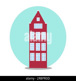 Amsterdam vecchia casa in stile olandese. Facciata storica colorata in rosso. Architettura tradizionale dei Paesi Bassi. Disegno piano di illustrazione vettoriale Illustrazione Vettoriale