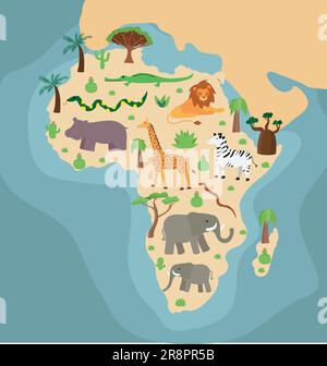 Cartoni animati disegnati a mano mappa illustrata dell'Africa con alberi, piante e isola Madagascar endemici. albero del drago, palma, cactus su sfondo colorato. Illustrazione Vettoriale