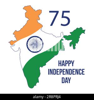 Celebrando 75 anni di libertà dell'India, Happy Independence Day il 15th agosto 2022. Banner Web, SM post con confini e bandiera dello stato indiano Illustrazione Vettoriale