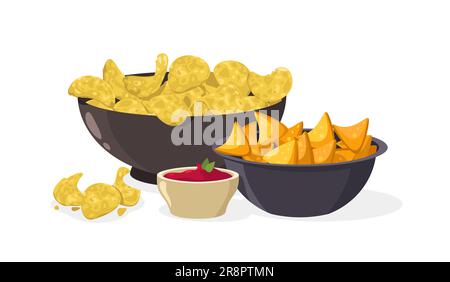 Cartoni animati in ciotola. Patata fritta gialla in ciotola, croccante confezione di prodotto vegano biologico. Vector vegetariano croccante patata di snack Illustrazione Vettoriale
