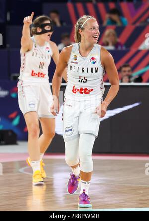 Lubiana, Slovenia. 22nd giugno, 2023. Julie Allemand, in Belgio, festeggia dopo aver segnato una partita di basket tra la nazionale belga delle donne 'The Belgian Cats' e la Serbia a Lubiana, Slovenia giovedì 22 giugno 2023, le quarti di finale dei campionati europei FIBA Women EuroBasket 2023 in Israele e Slovenia. BELGA PHOTO VIRGINIE LEFOUR Credit: Agenzia Notizie Belga/Alamy Live News Foto Stock