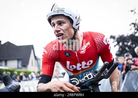 Herzele, Belgio. 22nd giugno, 2023. Il belga Alec Segaert è stato raffigurato in azione durante la gara individuale di cronometro maschile dei Campionati belgi in bicicletta, 41, 6 km a Herzele giovedì 22 giugno 2023. FOTO DI BELGA DIRK WAEM Credit: Agenzia Notizie di Belga/Alamy Live News Foto Stock