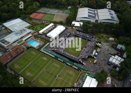 Edgbaston Priory Club, Birmingham 22nd giugno 2023 - vedute aeree del torneo Rothesay Classic Birmingham Tennis al Edgbaston Priory Club nelle West Midlands che si svolge fino al 25th giugno 2023. Credit: Stop Press Media/Alamy Live News Foto Stock