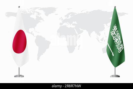 Bandiere del Giappone e dell'Arabia Saudita per l'incontro ufficiale sullo sfondo della mappa mondiale. Illustrazione Vettoriale