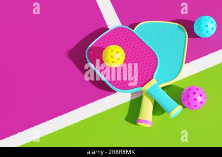 Campo sportivo di Pickleball. Due racchette e palle. rendering 3d. Foto Stock