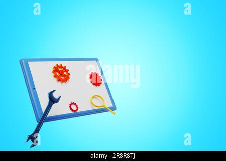 Ingranaggi sullo schermo di un tablet. Aggiornamento del sistema. rendering 3d. Foto Stock