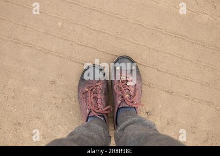 scarpe da ginnastica da donna sulla sabbia per strada, escursioni in autunno nel pomeriggio, vista dal basso Foto Stock