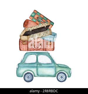 Una vecchia macchina blu carina per un piccolo viaggio attraverso la campagna. L'auto è carica di bagagli per il viaggio. Valigie, tappetino da viaggio e tenda. Acquerello Foto Stock