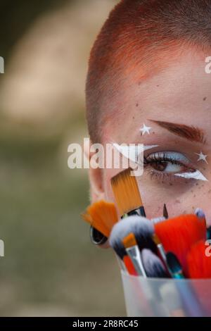 Ritratto a metà faccia di una giovane bella donna con trucco elegante e pennelli colorati e trucco che le coprono il viso Foto Stock