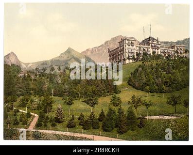 Grand Hotel de Caux con Rochers de Naye e Dent de Jaman, Caux, Montreux, Vaud, Svizzera 1890. Foto Stock